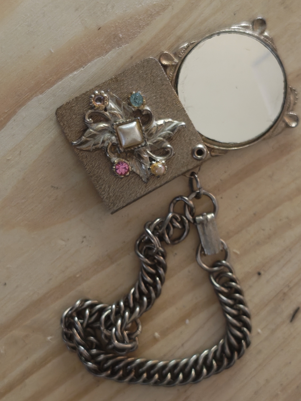 pocket mirror with multicolor gemstones and chain holder
